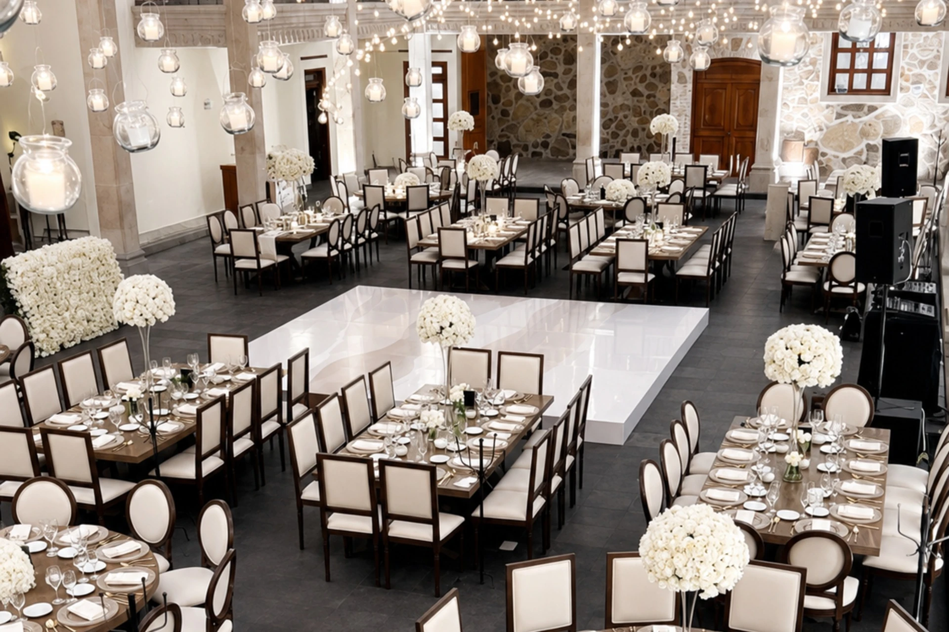 Salón con mesas largas, flores blancas y pista de baile